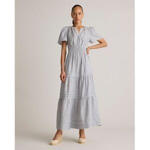 Quince European Linen Striped Light Blue Puff-Sleeve Tiered Maxi Dress